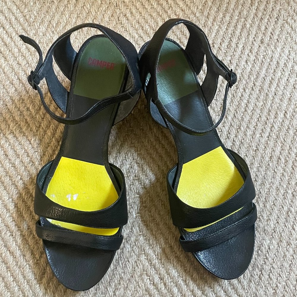 Camper Black Leather Sandals with Yellow Insole